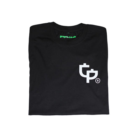 Folded black T-Shirt by Growth & Progression Clothing. GP Tree Medium Logo to left chest area in white. 