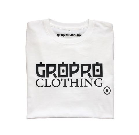 Folded white t-shirt with black GROPRO Clothing design to center of the chest area 