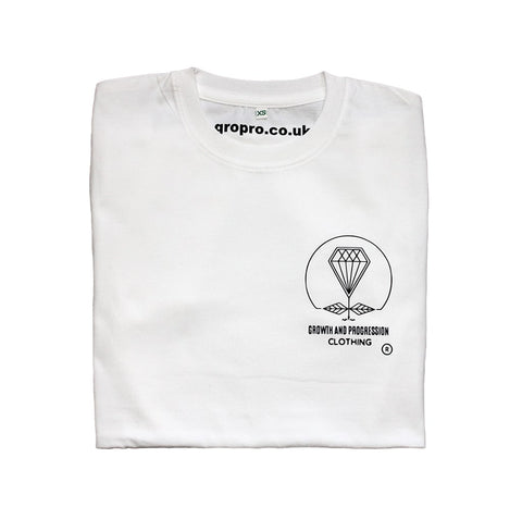 Folded White t-shirt with the GROPRO Clothing Diamond Rose Logo in Black.