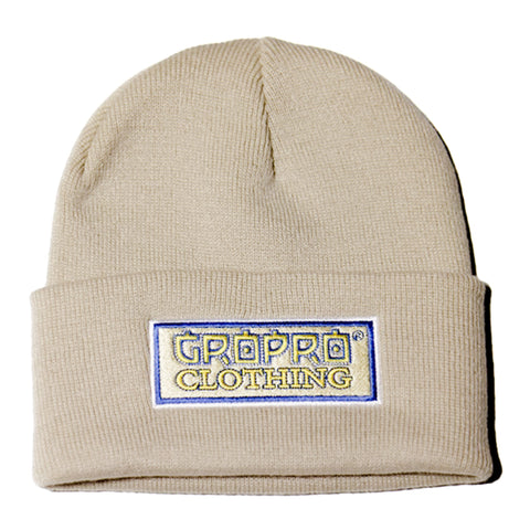 Sand colour beanie hat with white, blue & gold GROPRO Clothing embroidered design.