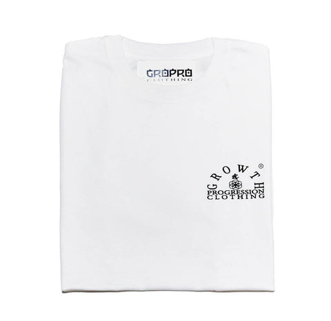 white t-shirt growth & progression clothing logo black text  