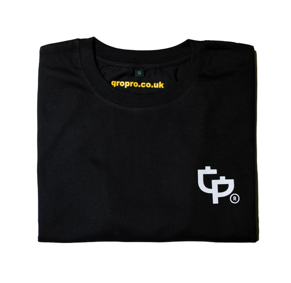 White GP Tree Design on a folded Black T-Shirt