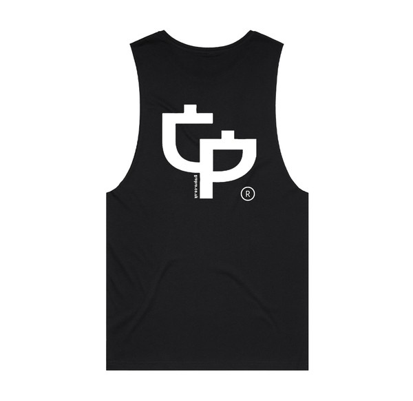 BLACK VEST FROM THE BACK WITH GP LOGO TO TOP CENTER OF BACK, BY GROWTH & PROGRESSION CLOTHING.