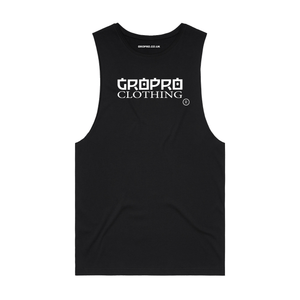 BLACK COTTON VEST WITH GROPRO CLOTHING BRAND LOGO ACROSS FRONT OF CHEST AREA BY GROWTH & PROGRESSION CLOTHING.