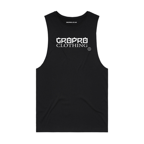 BLACK COTTON VEST WITH GROPRO CLOTHING BRAND LOGO ACROSS FRONT OF CHEST AREA BY GROWTH & PROGRESSION CLOTHING.