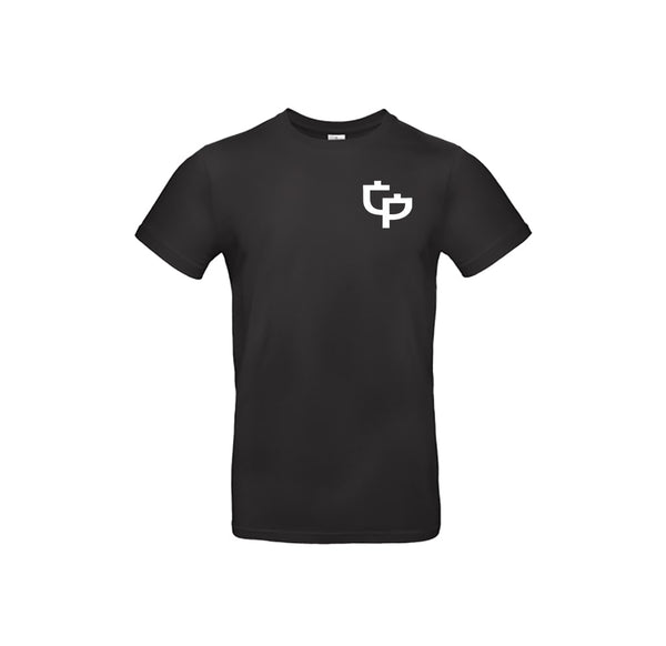 Open black T-Shirt by Growth & Progression Clothing. GP Tree Medium Logo to left chest area in white. 