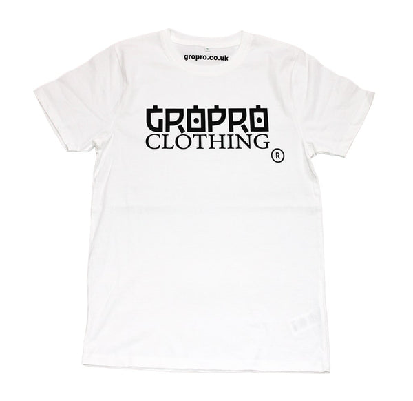 White t-shirt with black GROPRO Clothing design to center of the chest area 