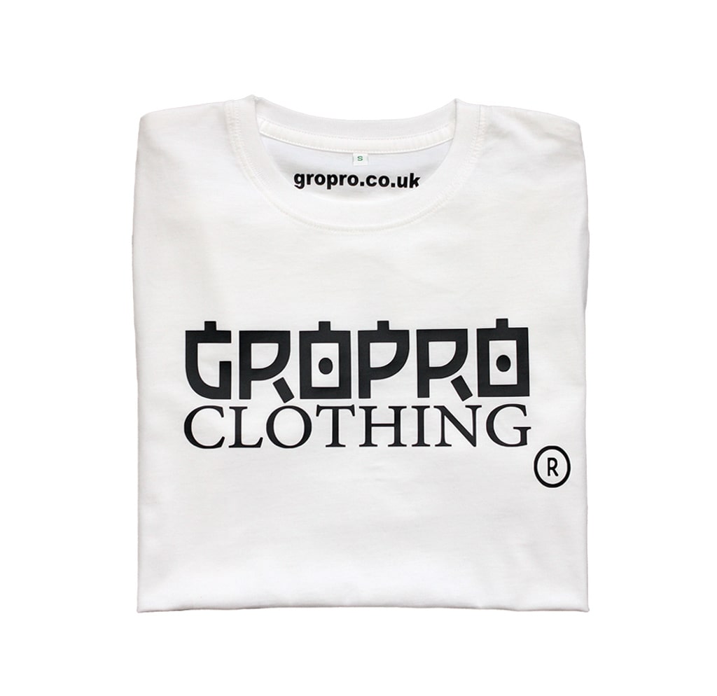 Folded white t-shirt with black GROPRO Clothing design to center of the chest area 