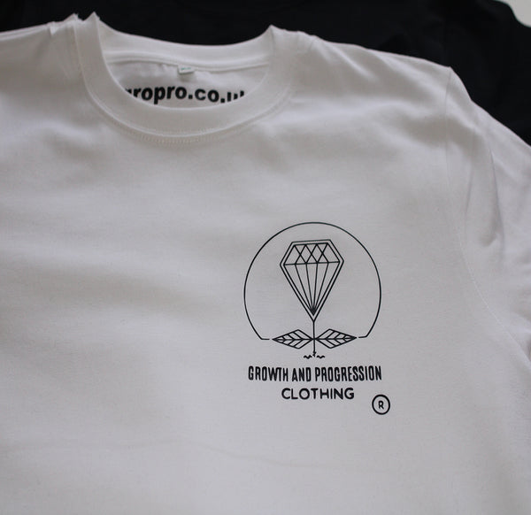 Close up view of the Growth And Progression Diamond Rose Logo in black on a white t-shirt.