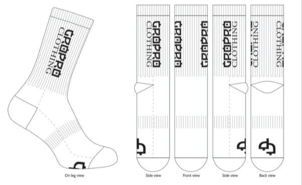 gropro clothing athletic crew sock, white with black logos to sides & sole artwork.