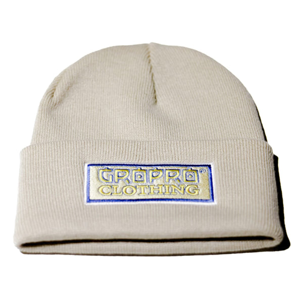 Gold Mind GROPRO Clothing embroidered design, Sand color Beanie hat. Gold, white & blue embroidery 