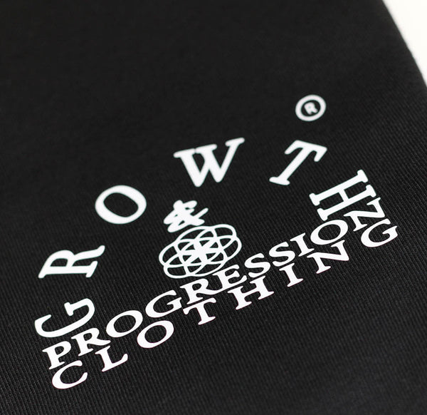 growth & progression clothing logo white text black t-shirt