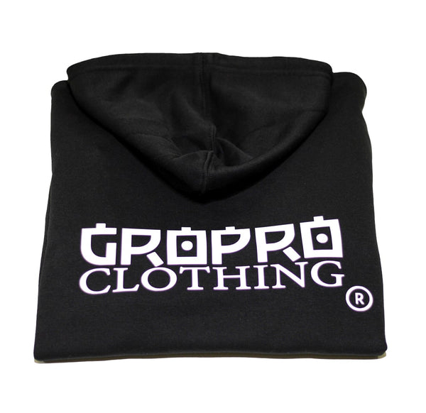 GROPRO Clothing Logo in White on folded Women's Hoodie in Black 