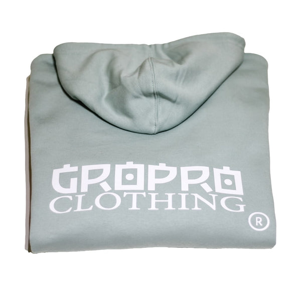 Folded Sage Green Womens Hoodie with GROPRO Clothing Logo in white text