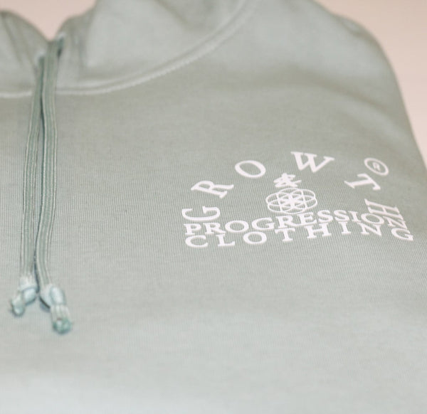 Close up view of Womens Sage Green hoodie featuring the Growth & Progression Clothing Arch Logo.