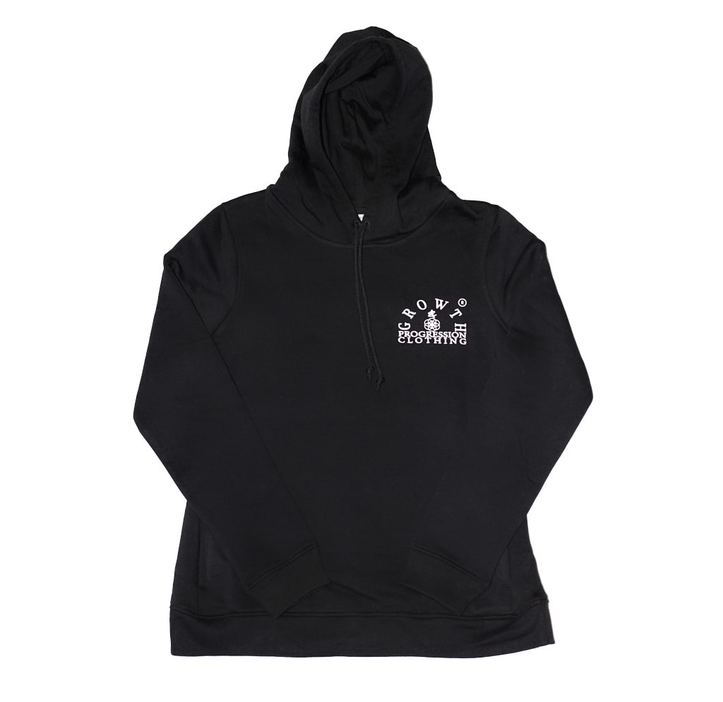 Growth & Progression Clothing Arch Logo, left chest placement on Womens Black Hoodie.