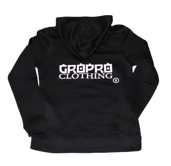 Back view of Womens Black Hoodie with GROPRO Clothing Logo in White text