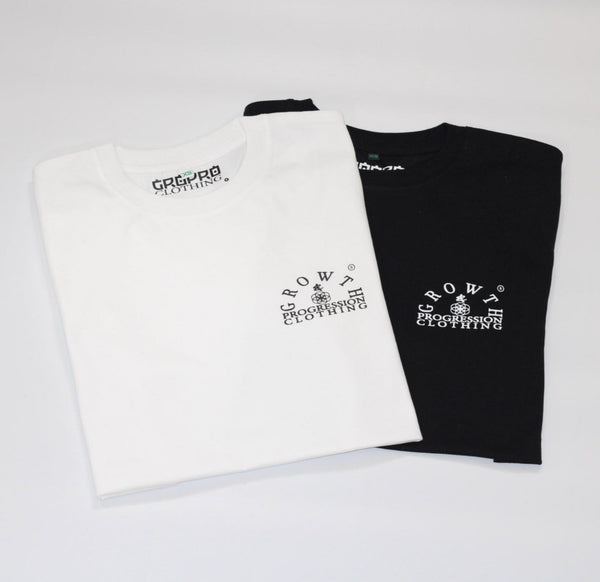 Growth & Progression Arch Logo on black T-shirt with white text & white T-shirt with black text.